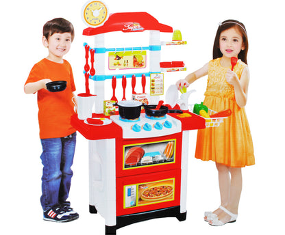 Bucatarie multifunctionala Primul Bucatar, pentru copii cu lumini si sunete, 32 acceosrii incluse, 87 cm INALTIME, chiuveta, aragaz, masina de spalat vase, ideala pentru creativitatea copilului tau, Culoare Rosie