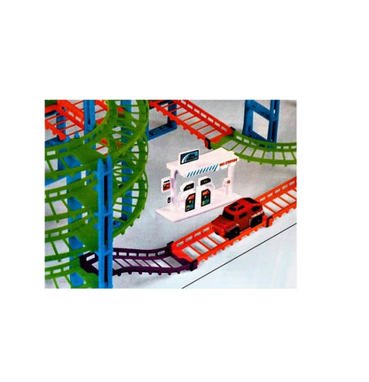 Set pista cu 2 masinute idealStore SUPER TRACK, Lungimea pistei 1150 cm, Include 183 de elemente, benzinarie, Dezvolta abilitati manuale si de coordonare