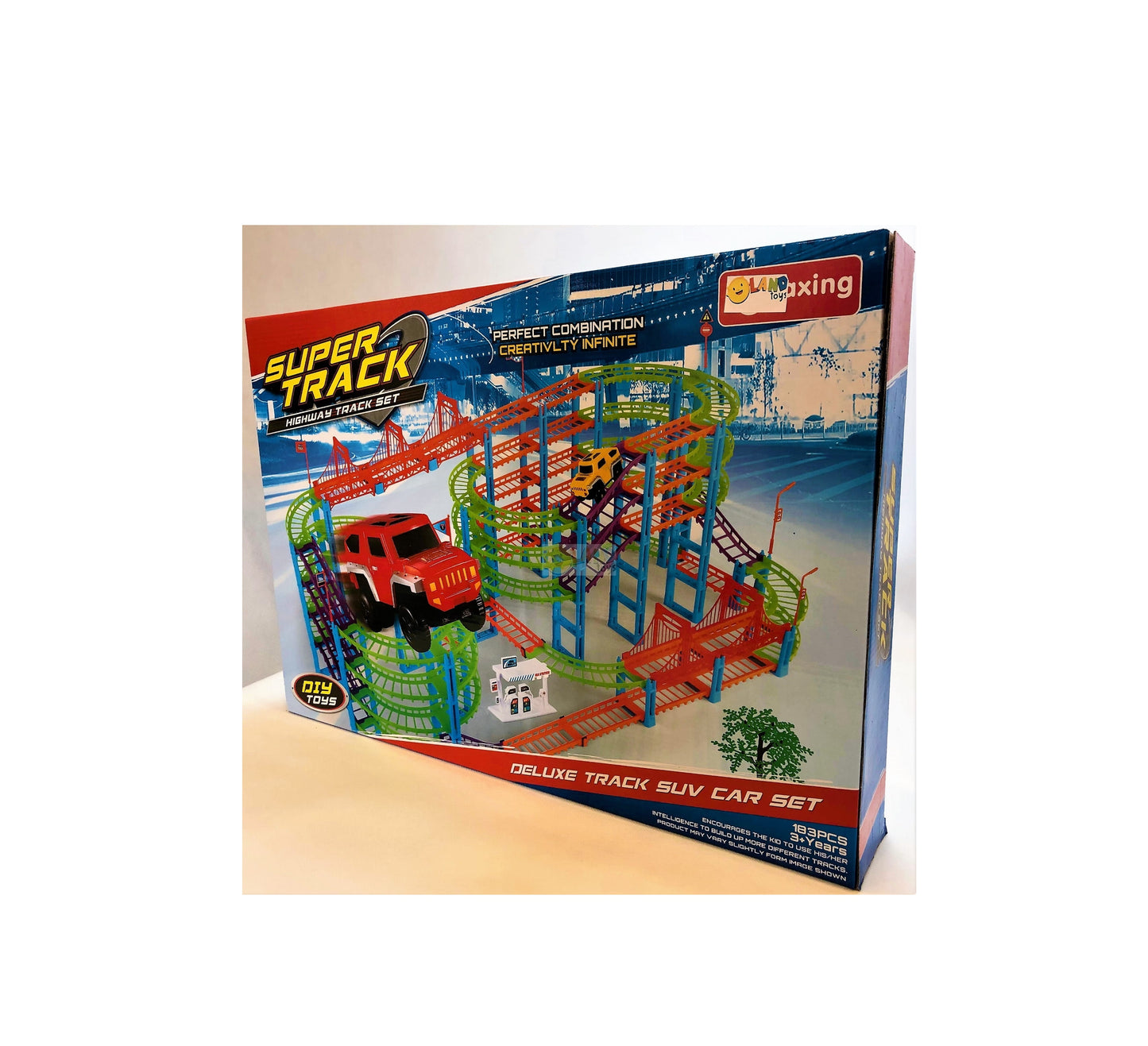 Set pista cu 2 masinute idealStore SUPER TRACK, Lungimea pistei 1150 cm, Include 183 de elemente, benzinarie, Dezvolta abilitati manuale si de coordonare