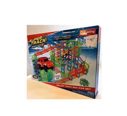 Set pista cu 2 masinute idealStore SUPER TRACK, Lungimea pistei 1150 cm, Include 183 de elemente, benzinarie, Dezvolta abilitati manuale si de coordonare