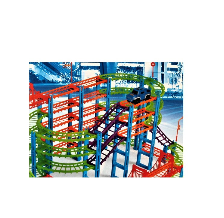 Set pista cu 2 masinute idealStore SUPER TRACK, Lungimea pistei 1150 cm, Include 183 de elemente, benzinarie, Dezvolta abilitati manuale si de coordonare