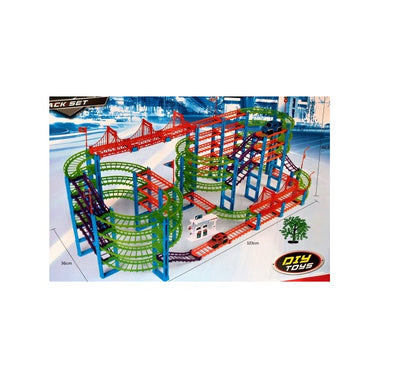 Set pista cu 2 masinute idealStore SUPER TRACK, Lungimea pistei 1150 cm, Include 183 de elemente, benzinarie, Dezvolta abilitati manuale si de coordonare