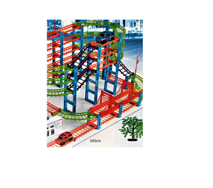 Set pista cu 2 masinute idealStore SUPER TRACK, Lungimea pistei 1150 cm, Include 183 de elemente, benzinarie, Dezvolta abilitati manuale si de coordonare