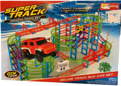 Set pista cu 2 masinute idealStore SUPER TRACK, Lungimea pistei 1150 cm, Include 183 de elemente, benzinarie, Dezvolta abilitati manuale si de coordonare