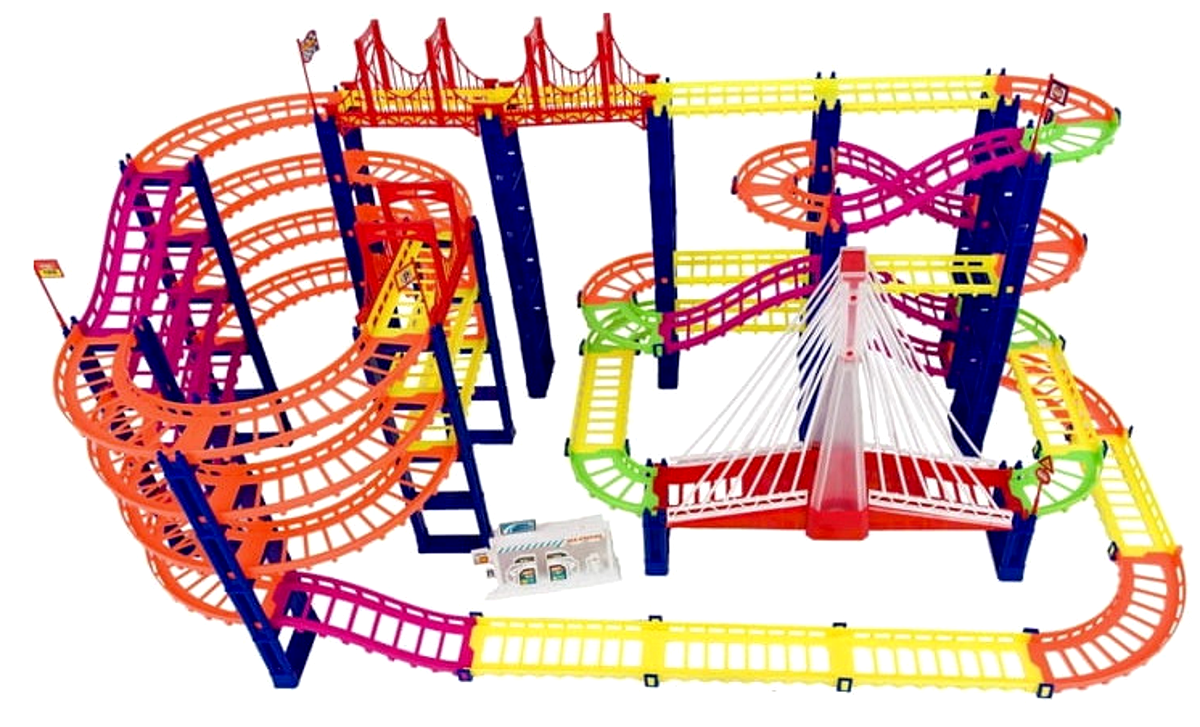 Set pista cu 2 masinute idealStore SUPER TRACK, Lungimea pistei 1150 cm, Include 183 de elemente, benzinarie, Dezvolta abilitati manuale si de coordonare