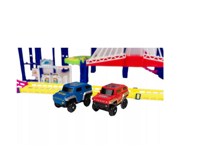 Set pista cu 2 masinute URBAN RAIL idealSTORE, Dimensiuni 30,5 x 87 x 43 cm, Include 193 de elemente, benzinarie, Dezvolta abilitati manuale si stimuleaza imaginatia copiilor