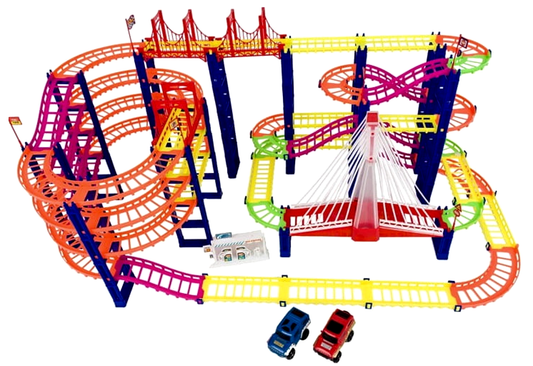 Set pista cu 2 masinute URBAN RAIL idealSTORE, Dimensiuni 30,5 x 87 x 43 cm, Include 193 de elemente, benzinarie, Dezvolta abilitati manuale si stimuleaza imaginatia copiilor