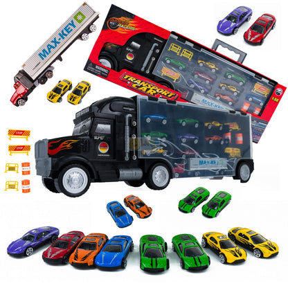Set Camion interactiv stil valiza MAX-KEY idealstore, Dimensiuni 57 x 20 cm, Include 9 vehicule si semne de circulatie, Accesorizat cu spatiu special pentru depozitarea colectiilor de masini, Dezvolta abilitati manuale