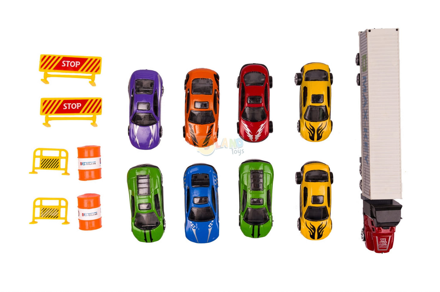 Set Camion interactiv stil valiza MAX-KEY idealstore, Dimensiuni 57 x 20 cm, Include 9 vehicule si semne de circulatie, Accesorizat cu spatiu special pentru depozitarea colectiilor de masini, Dezvolta abilitati manuale