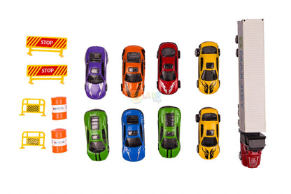 Set Camion interactiv stil valiza MAX-KEY idealstore, Dimensiuni 57 x 20 cm, Include 9 vehicule si semne de circulatie, Accesorizat cu spatiu special pentru depozitarea colectiilor de masini, Dezvolta abilitati manuale