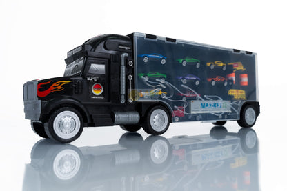 Set Camion interactiv stil valiza MAX-KEY idealstore, Dimensiuni 57 x 20 cm, Include 9 vehicule si semne de circulatie, Accesorizat cu spatiu special pentru depozitarea colectiilor de masini, Dezvolta abilitati manuale