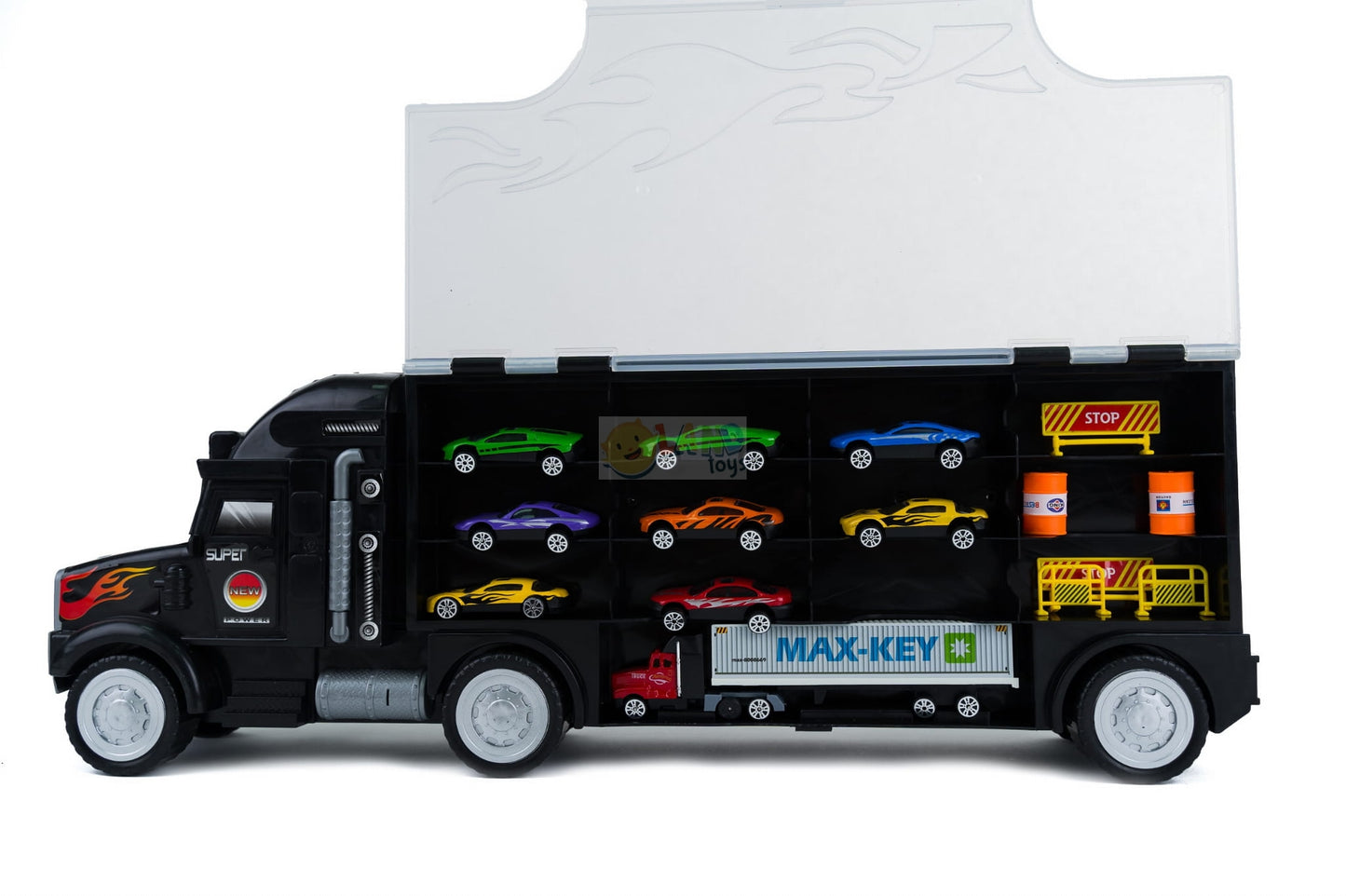 Set Camion interactiv stil valiza MAX-KEY idealstore, Dimensiuni 57 x 20 cm, Include 9 vehicule si semne de circulatie, Accesorizat cu spatiu special pentru depozitarea colectiilor de masini, Dezvolta abilitati manuale