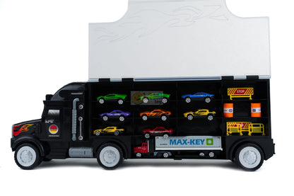 Set Camion interactiv stil valiza MAX-KEY idealstore, Dimensiuni 57 x 20 cm, Include 9 vehicule si semne de circulatie, Accesorizat cu spatiu special pentru depozitarea colectiilor de masini, Dezvolta abilitati manuale