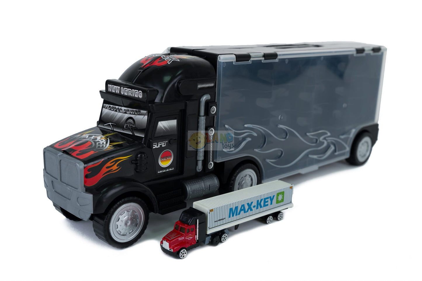 Set Camion interactiv stil valiza MAX-KEY idealstore, Dimensiuni 57 x 20 cm, Include 9 vehicule si semne de circulatie, Accesorizat cu spatiu special pentru depozitarea colectiilor de masini, Dezvolta abilitati manuale