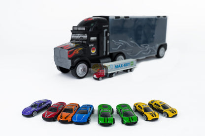 Set Camion interactiv stil valiza MAX-KEY idealstore, Dimensiuni 57 x 20 cm, Include 9 vehicule si semne de circulatie, Accesorizat cu spatiu special pentru depozitarea colectiilor de masini, Dezvolta abilitati manuale