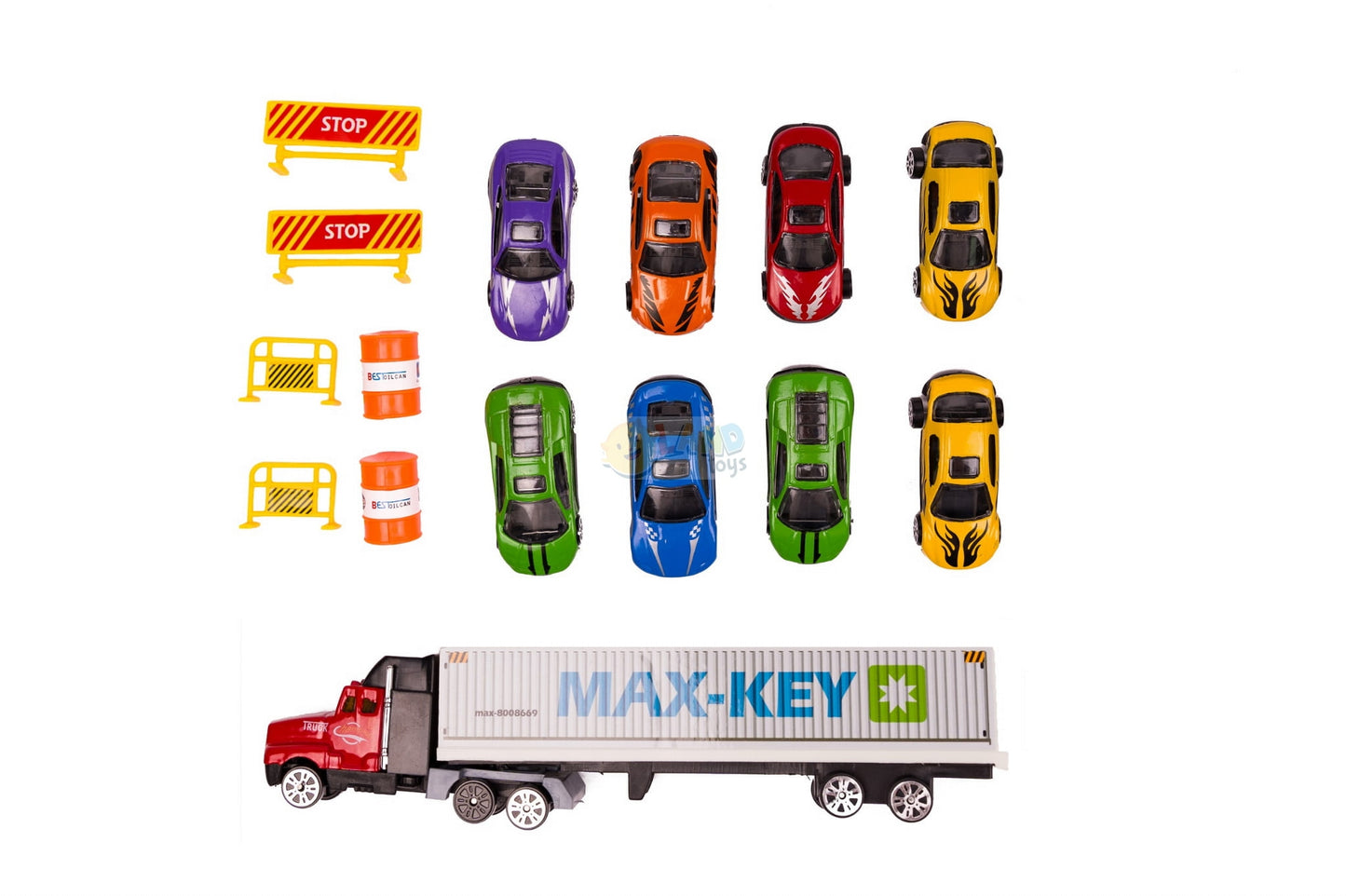 Set Camion interactiv stil valiza MAX-KEY idealstore, Dimensiuni 57 x 20 cm, Include 9 vehicule si semne de circulatie, Accesorizat cu spatiu special pentru depozitarea colectiilor de masini, Dezvolta abilitati manuale