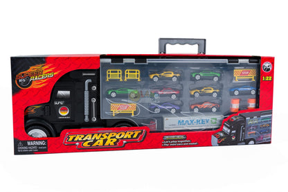 Set Camion interactiv stil valiza MAX-KEY idealstore, Dimensiuni 57 x 20 cm, Include 9 vehicule si semne de circulatie, Accesorizat cu spatiu special pentru depozitarea colectiilor de masini, Dezvolta abilitati manuale