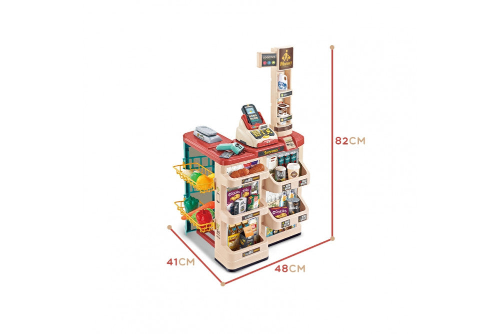 Supermarket copii MARKET BUSINESS idealSTORE, Dimensiuni 82 x 41 x 48, Include produse alimentare, carucior pentru cumparaturi, scaner cu sunet si lumina rosie, casa de marcat, bani de hartie