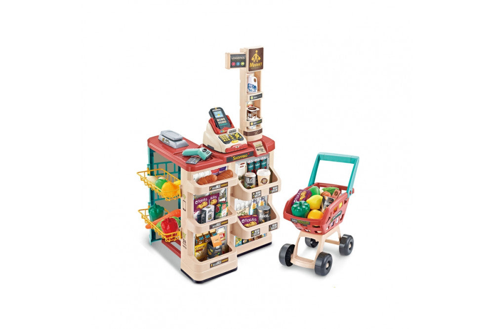 Supermarket copii MARKET BUSINESS idealSTORE, Dimensiuni 82 x 41 x 48, Include produse alimentare, carucior pentru cumparaturi, scaner cu sunet si lumina rosie, casa de marcat, bani de hartie