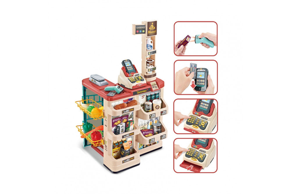 Supermarket copii MARKET BUSINESS idealSTORE, Dimensiuni 82 x 41 x 48, Include produse alimentare, carucior pentru cumparaturi, scaner cu sunet si lumina rosie, casa de marcat, bani de hartie