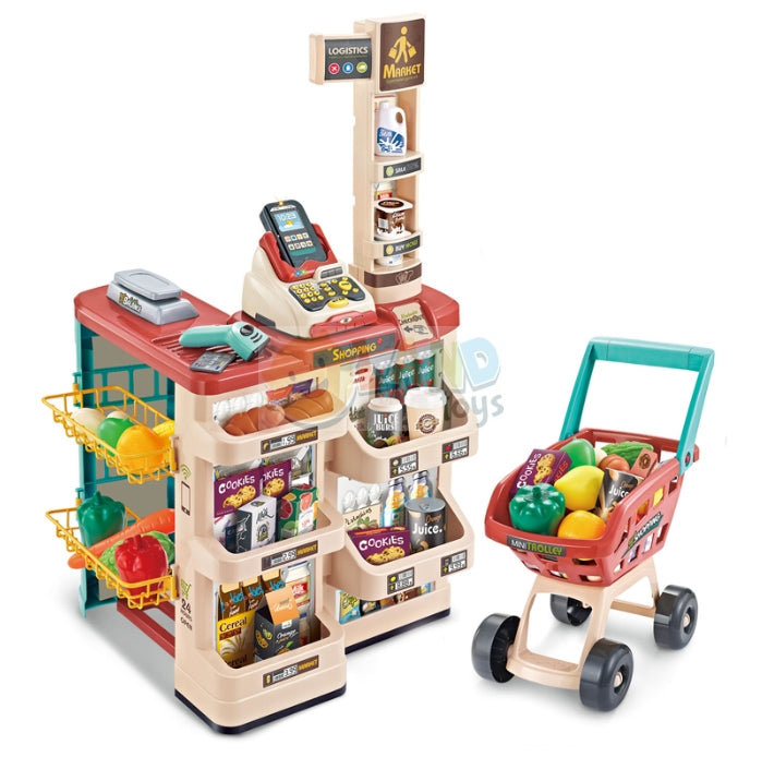 Supermarket copii MARKET BUSINESS idealSTORE, Dimensiuni 82 x 41 x 48, Include produse alimentare, carucior pentru cumparaturi, scaner cu sunet si lumina rosie, casa de marcat, bani de hartie