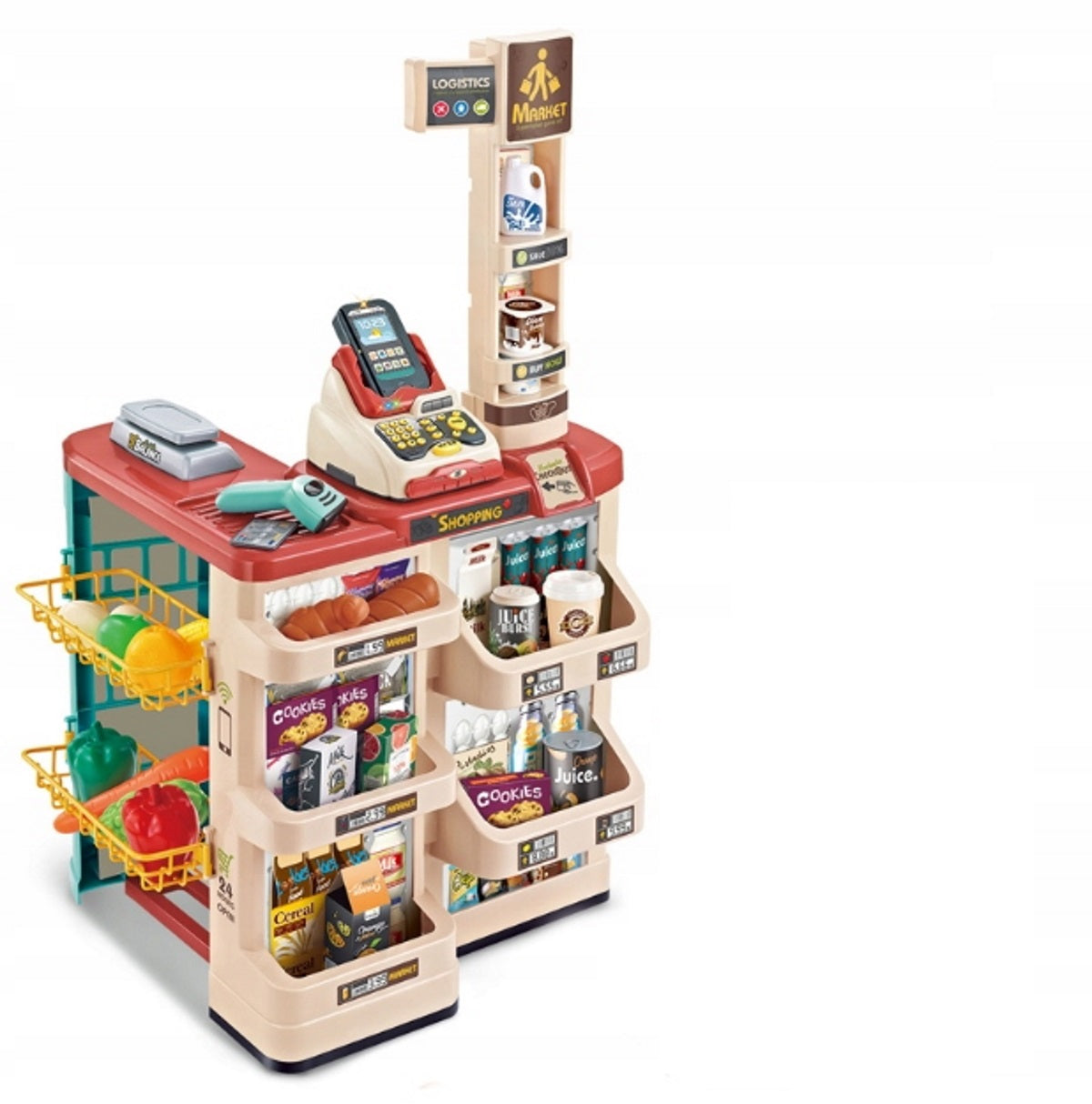 Supermarket copii MARKET BUSINESS idealSTORE, Dimensiuni 82 x 41 x 48, Include produse alimentare, carucior pentru cumparaturi, scaner cu sunet si lumina rosie, casa de marcat, bani de hartie