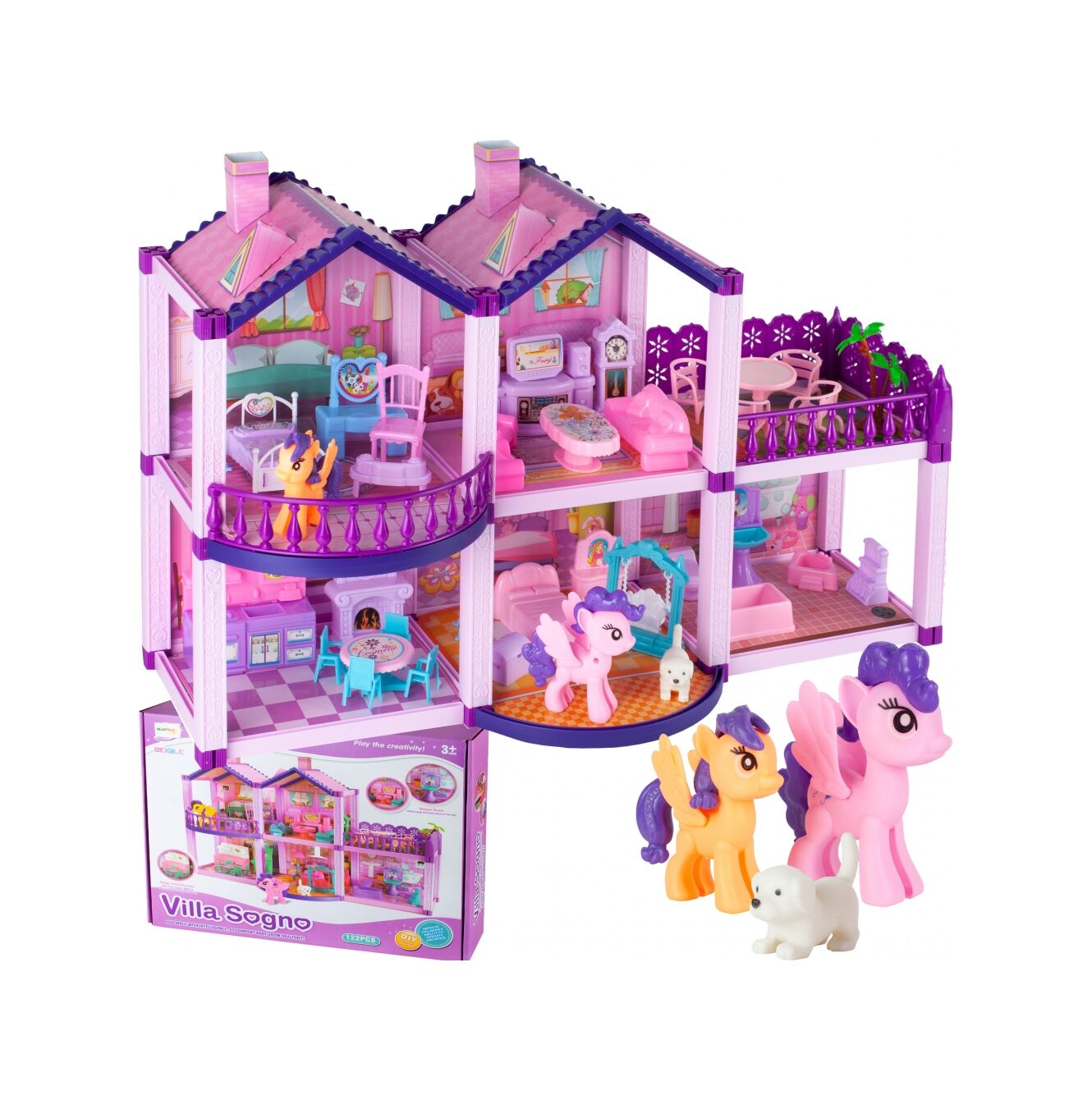 Casuta de Papusi din Plastic Palace Of The Fairies idealSTORE, Situata pe 2 Etaje cu 5 Camere si o Terasa Spatioasa, Include un Mobilier Bogat, Catelus, 2 Ponei, Stimuleaza Imaginatia Copilului