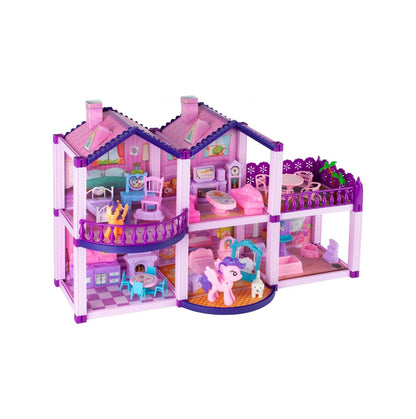 Casuta de Papusi din Plastic Palace Of The Fairies idealSTORE, Situata pe 2 Etaje cu 5 Camere si o Terasa Spatioasa, Include un Mobilier Bogat, Catelus, 2 Ponei, Stimuleaza Imaginatia Copilului