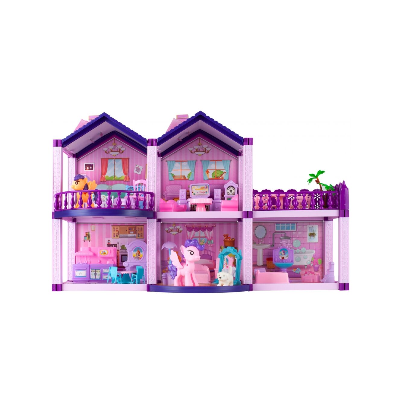 Casuta de Papusi din Plastic Palace Of The Fairies idealSTORE, Situata pe 2 Etaje cu 5 Camere si o Terasa Spatioasa, Include un Mobilier Bogat, Catelus, 2 Ponei, Stimuleaza Imaginatia Copilului