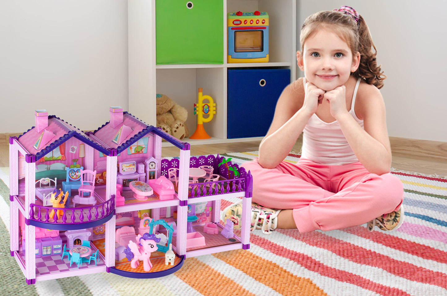 Casuta de Papusi din Plastic Palace Of The Fairies idealSTORE, Situata pe 2 Etaje cu 5 Camere si o Terasa Spatioasa, Include un Mobilier Bogat, Catelus, 2 Ponei, Stimuleaza Imaginatia Copilului