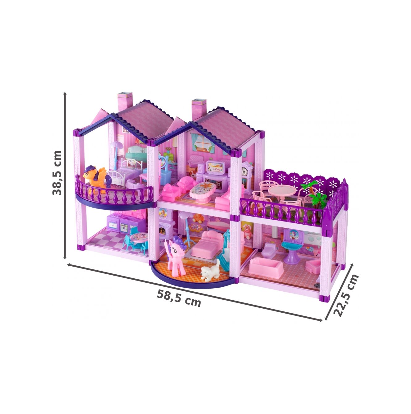 Casuta de Papusi din Plastic Palace Of The Fairies idealSTORE, Situata pe 2 Etaje cu 5 Camere si o Terasa Spatioasa, Include un Mobilier Bogat, Catelus, 2 Ponei, Stimuleaza Imaginatia Copilului