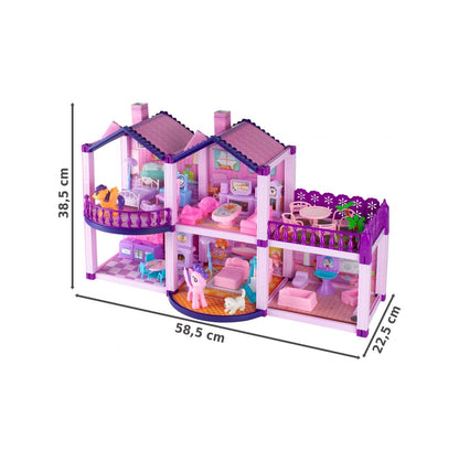 Casuta de Papusi din Plastic Palace Of The Fairies idealSTORE, Situata pe 2 Etaje cu 5 Camere si o Terasa Spatioasa, Include un Mobilier Bogat, Catelus, 2 Ponei, Stimuleaza Imaginatia Copilului