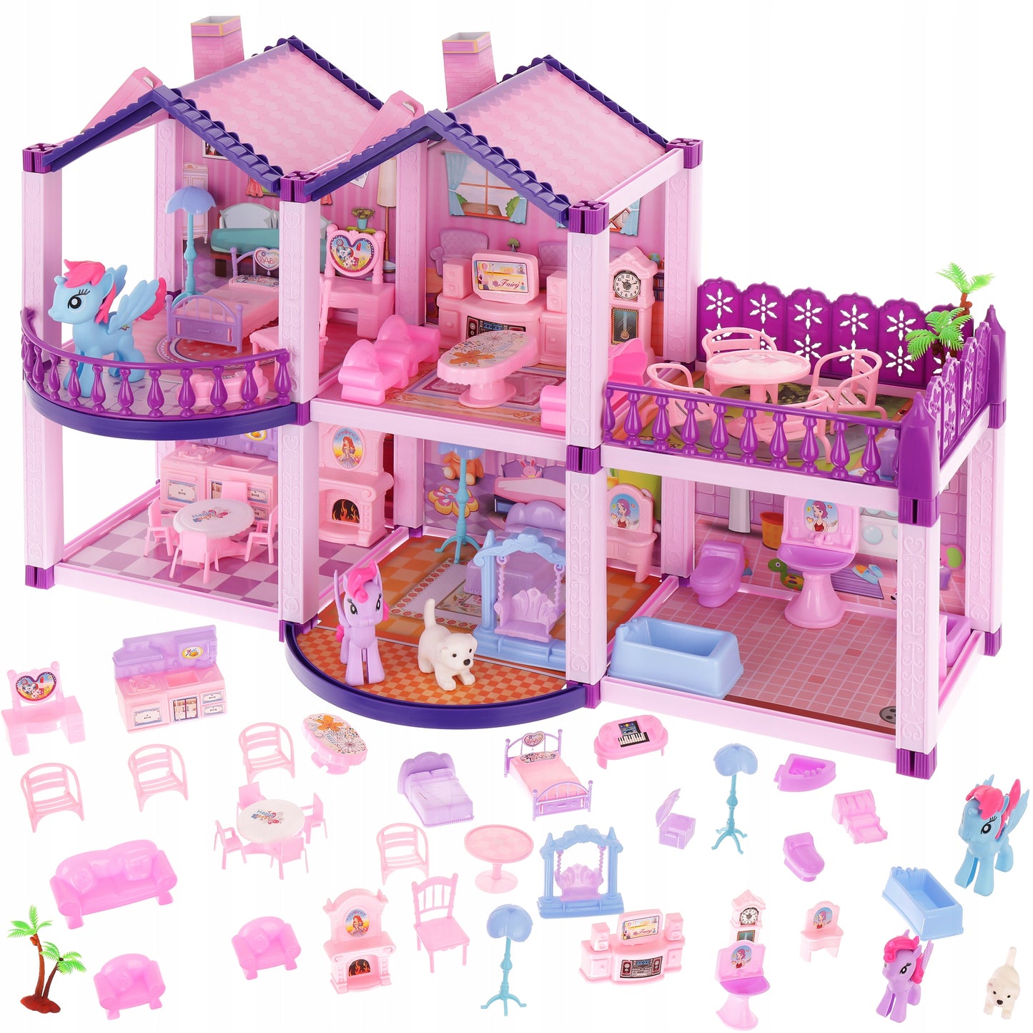 Casuta de Papusi din Plastic Palace Of The Fairies idealSTORE, Situata pe 2 Etaje cu 5 Camere si o Terasa Spatioasa, Include un Mobilier Bogat, Catelus, 2 Ponei, Stimuleaza Imaginatia Copilului