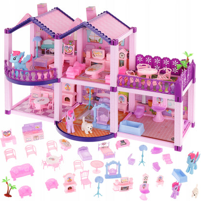 Casuta de Papusi din Plastic Palace Of The Fairies idealSTORE, Situata pe 2 Etaje cu 5 Camere si o Terasa Spatioasa, Include un Mobilier Bogat, Catelus, 2 Ponei, Stimuleaza Imaginatia Copilului