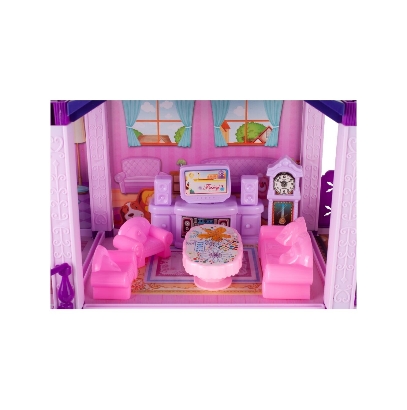 Casuta de Papusi din Plastic Palace Of The Fairies idealSTORE, Situata pe 2 Etaje cu 5 Camere si o Terasa Spatioasa, Include un Mobilier Bogat, Catelus, 2 Ponei, Stimuleaza Imaginatia Copilului