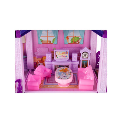 Casuta de Papusi din Plastic Palace Of The Fairies idealSTORE, Situata pe 2 Etaje cu 5 Camere si o Terasa Spatioasa, Include un Mobilier Bogat, Catelus, 2 Ponei, Stimuleaza Imaginatia Copilului
