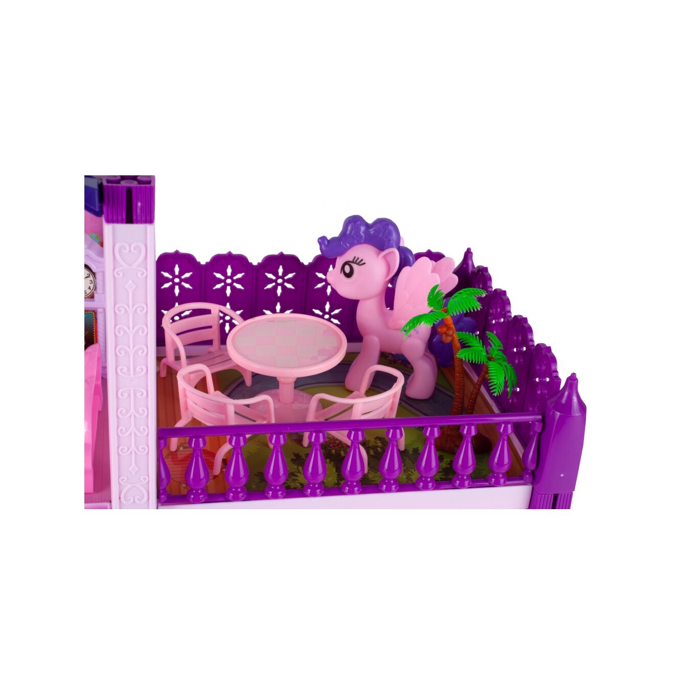 Casuta de Papusi din Plastic Palace Of The Fairies idealSTORE, Situata pe 2 Etaje cu 5 Camere si o Terasa Spatioasa, Include un Mobilier Bogat, Catelus, 2 Ponei, Stimuleaza Imaginatia Copilului