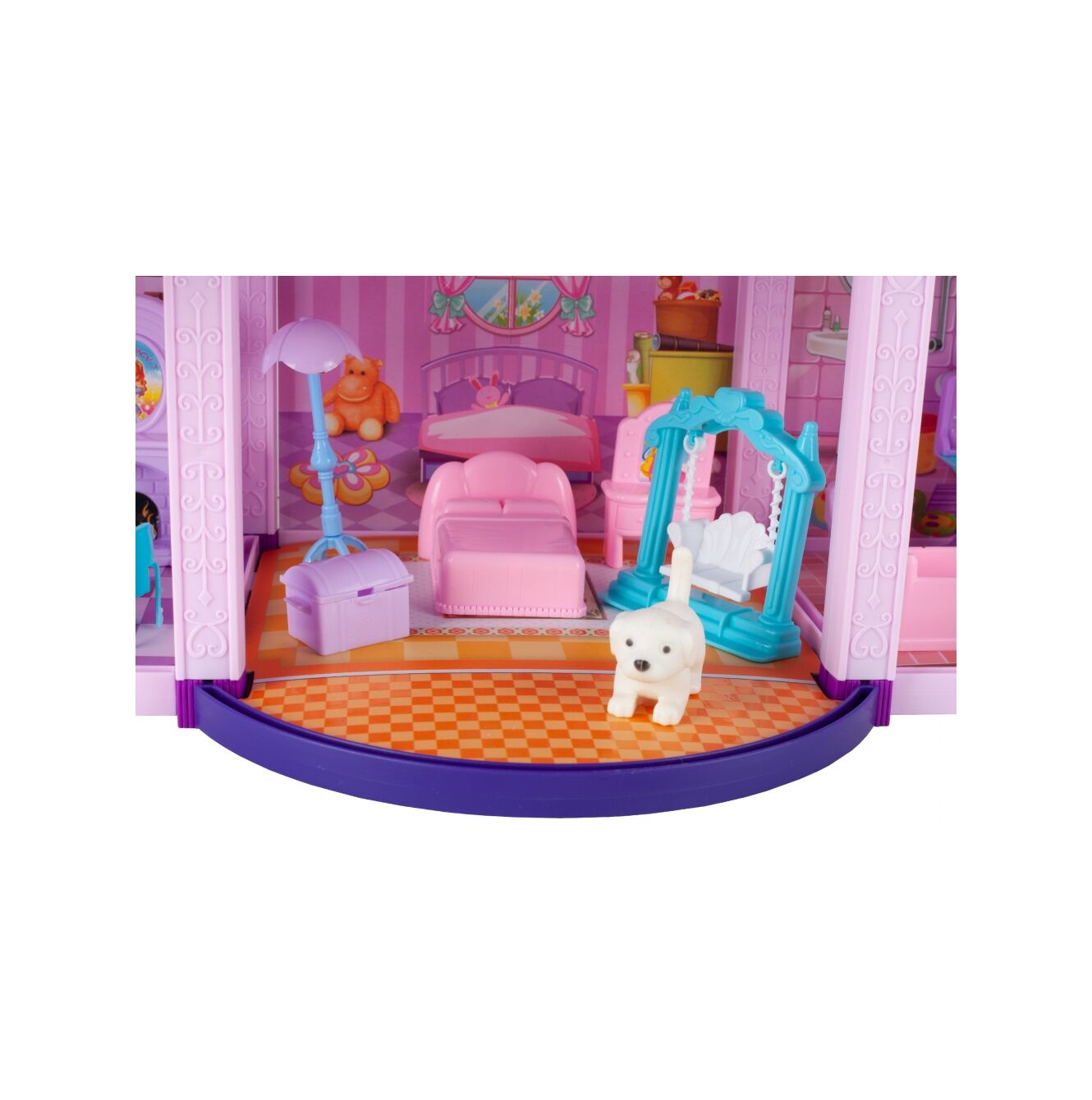 Casuta de Papusi din Plastic Palace Of The Fairies idealSTORE, Situata pe 2 Etaje cu 5 Camere si o Terasa Spatioasa, Include un Mobilier Bogat, Catelus, 2 Ponei, Stimuleaza Imaginatia Copilului