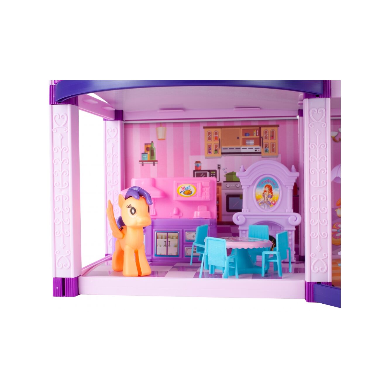 Casuta de Papusi din Plastic Palace Of The Fairies idealSTORE, Situata pe 2 Etaje cu 5 Camere si o Terasa Spatioasa, Include un Mobilier Bogat, Catelus, 2 Ponei, Stimuleaza Imaginatia Copilului