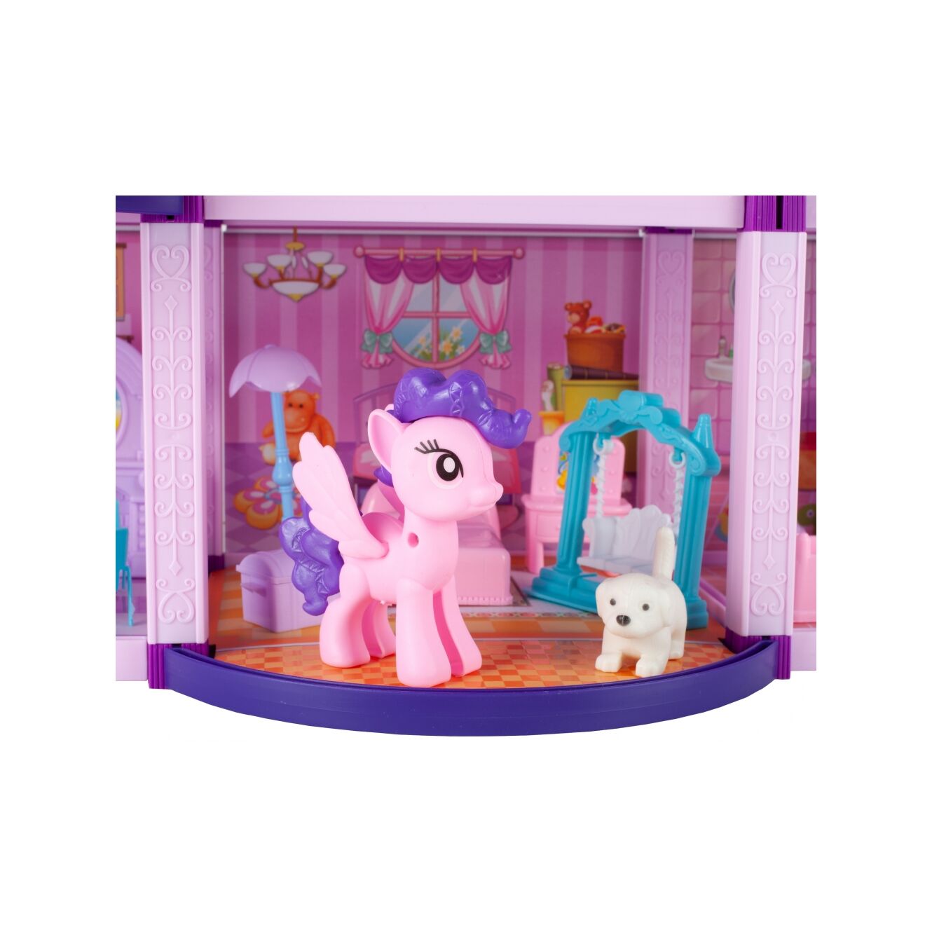 Casuta de Papusi din Plastic Palace Of The Fairies idealSTORE, Situata pe 2 Etaje cu 5 Camere si o Terasa Spatioasa, Include un Mobilier Bogat, Catelus, 2 Ponei, Stimuleaza Imaginatia Copilului