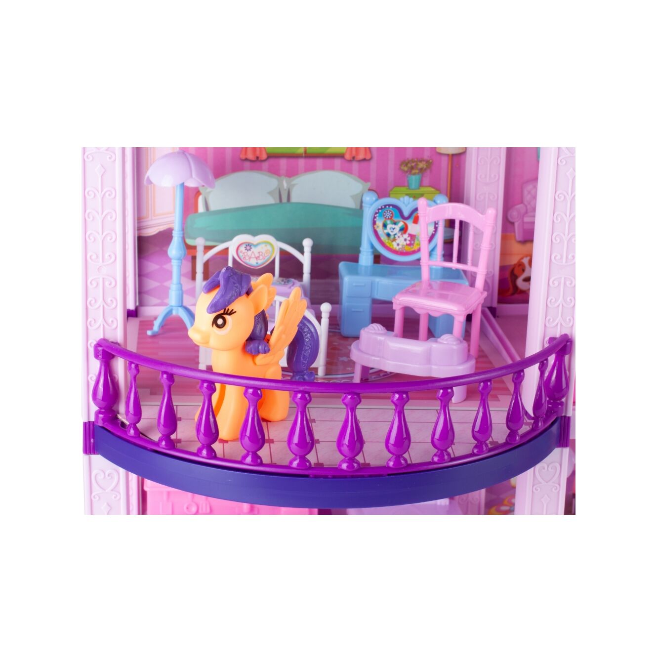 Casuta de Papusi din Plastic Palace Of The Fairies idealSTORE, Situata pe 2 Etaje cu 5 Camere si o Terasa Spatioasa, Include un Mobilier Bogat, Catelus, 2 Ponei, Stimuleaza Imaginatia Copilului