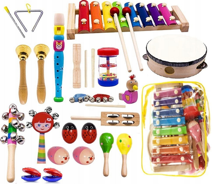 Instrumente Muzicale Din Lemn Little Musician idealSTORE, Include o Multime de Instrumente, Fluier, Toba, Clopotel, Saculet pentru Depozitare Ajuta la Dezvolatarea Auzului Muzical si al Abilitatilor Motorii