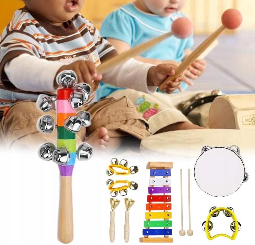 Instrumente Muzicale Din Lemn Little Musician idealSTORE, Include o Multime de Instrumente, Fluier, Toba, Clopotel, Saculet pentru Depozitare Ajuta la Dezvolatarea Auzului Muzical si al Abilitatilor Motorii