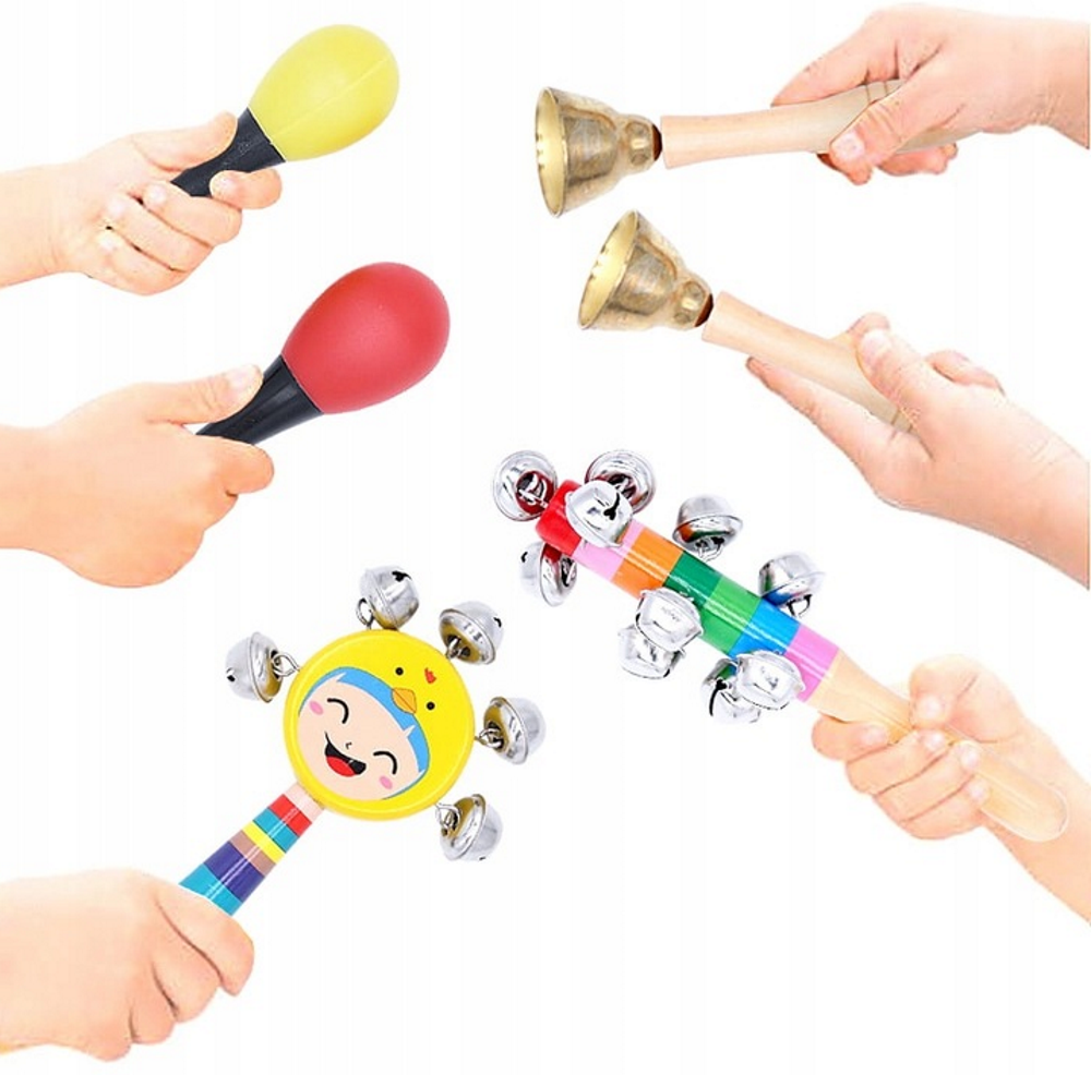 Instrumente Muzicale Din Lemn Little Musician idealSTORE, Include o Multime de Instrumente, Fluier, Toba, Clopotel, Saculet pentru Depozitare Ajuta la Dezvolatarea Auzului Muzical si al Abilitatilor Motorii