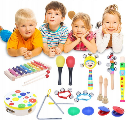 Instrumente Muzicale Din Lemn Little Musician idealSTORE, Include o Multime de Instrumente, Fluier, Toba, Clopotel, Saculet pentru Depozitare Ajuta la Dezvolatarea Auzului Muzical si al Abilitatilor Motorii