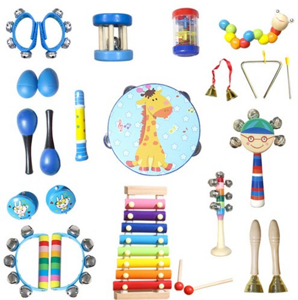 Instrumente Muzicale Din Lemn Little Musician idealSTORE, Include o Multime de Instrumente, Fluier, Toba, Clopotel, Saculet pentru Depozitare Ajuta la Dezvolatarea Auzului Muzical si al Abilitatilor Motorii