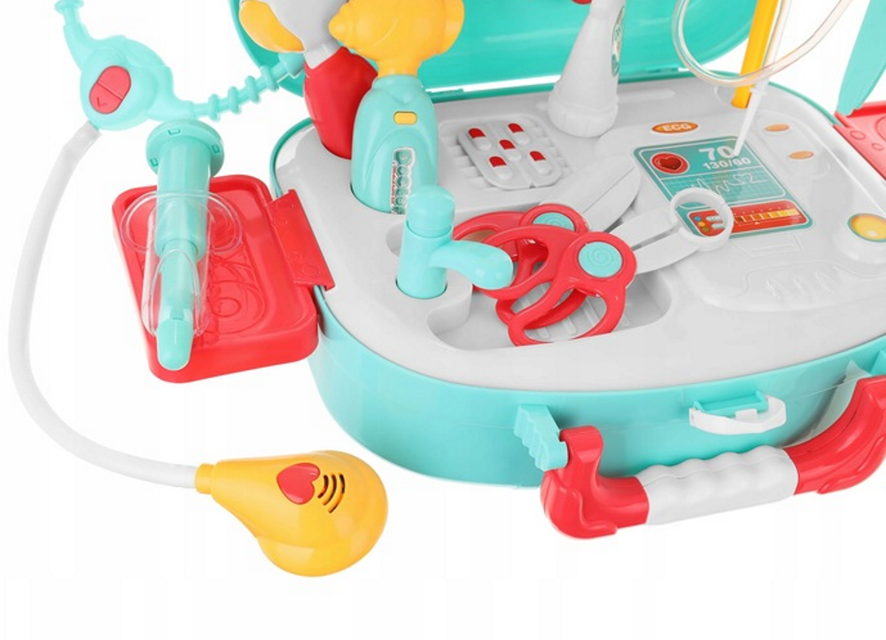 Trusa Medicala Pliabila de Jucaria Lovely Baby idealSTORE, Include un Kit din 12 Elemente Medicale, Stetoscop, Penseta, Lupa, Cioca, Medicamente, Geanta Echipata cu Maner Pentru Transport, Dzvolta abilitatile Interpersonale