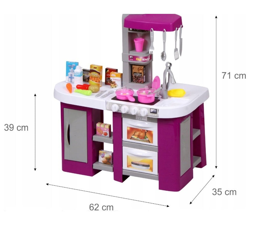 Bucatarie multifunctionala pentru copii idealSTORE PURPLE Grand Kitchen, Dimensiuni 71 x 62 x 35 cm, Echipata si utilata completi, Accesorii incluse, Sunete si luminite