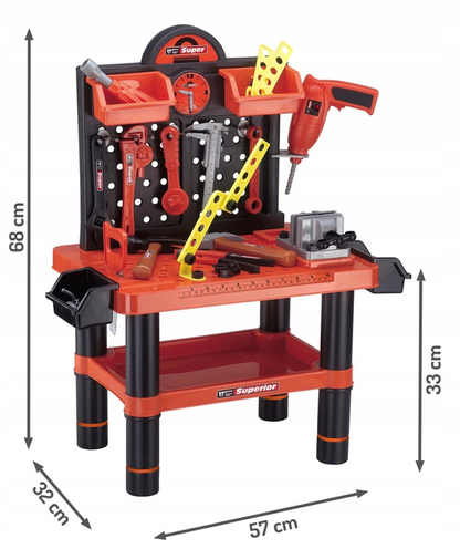 Banc de lucru 'DO IT YOURSELF', Model cu 52 accesorii ( bornasina, fierastrau, ciocan, menghina, raft pt accesorii, chei, etc. ), Perfect pentru micutii pasionati de bricolaj, Confectionat din plastic non-alergenic si durabil