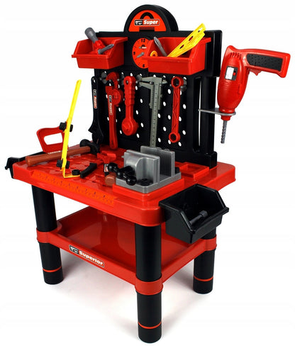 Banc de lucru 'DO IT YOURSELF', Model cu 52 accesorii ( bornasina, fierastrau, ciocan, menghina, raft pt accesorii, chei, etc. ), Perfect pentru micutii pasionati de bricolaj, Confectionat din plastic non-alergenic si durabil